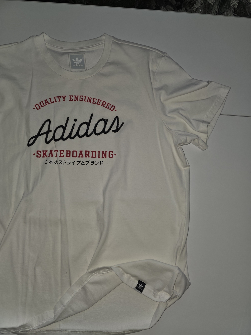 adidas White Short Sleeve Skateboarding Logo Tee with Red and Black Script